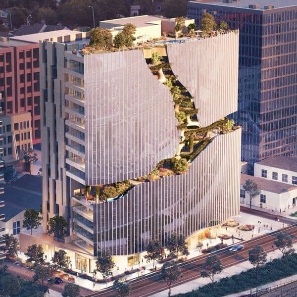 40th and Blake residential tower in Denver with a 10-story landscaped canyon exterior