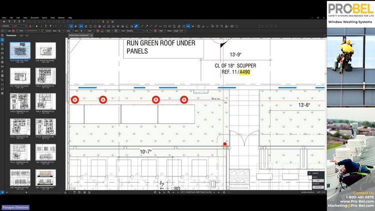 A rooftop blueprint with several red dots representing permanent roof anchors