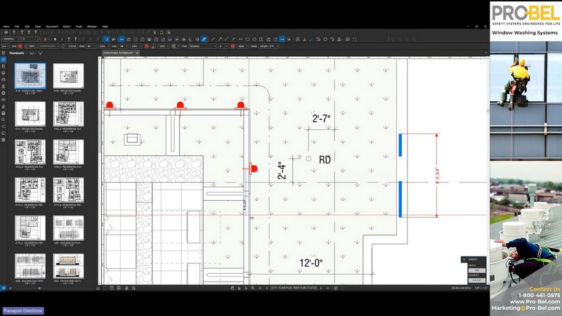 Blueprint with several permanent roof anchors on a roof layout that comprise of a fall protection system