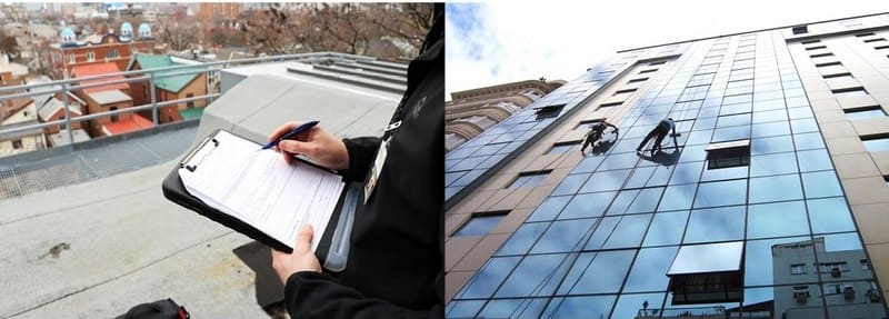 A roof anchor inspector watching window washers utilizing the tieback anchors