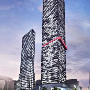 Black and white condos with a red floor in the center in downtown Toronto, equipped with a monorail hoisting system, window washing davits and roof anchors