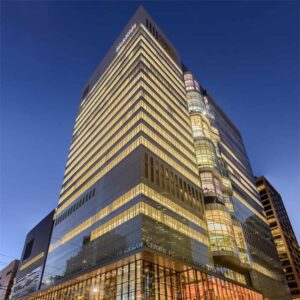 Toronto hospital with unconventional corporate architecture, equipped with tie-back anchors and davits