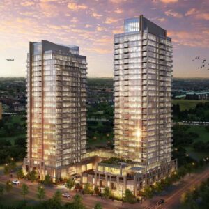 Two twin condo buildings with large glass panes and balconies in Mississauga, Ontario