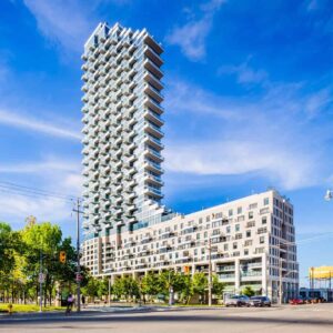 Modernist Condo Building with protruding balconies in downtown Toronto