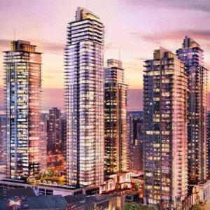 Five similar looking condos with large glass panes and balconies, equipped with window washing davits and tie-back anchors